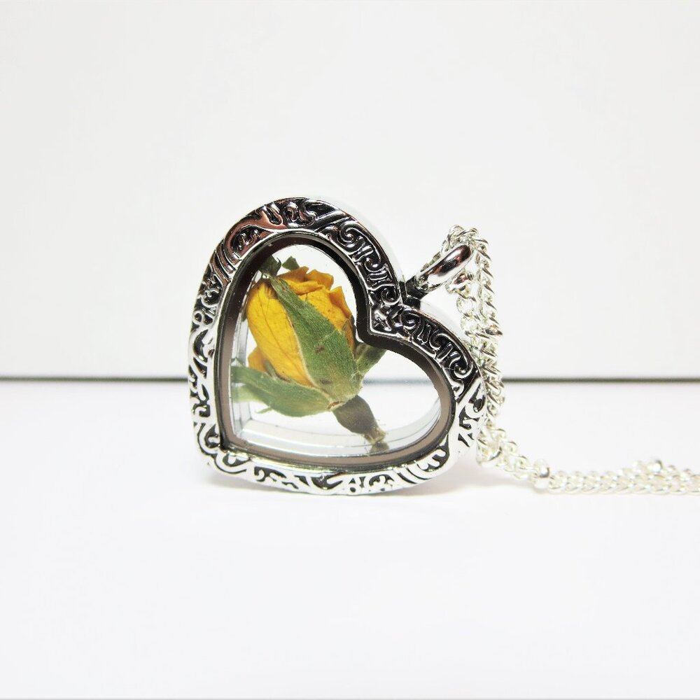 Yellow flower rose necklace Floral Heart Locket Pressed birth flower pendant